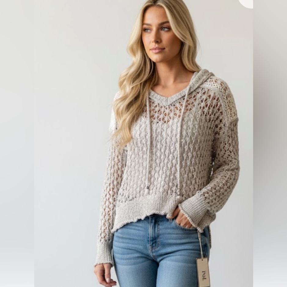 Pol Women's Natural V-Neck Felaxed Hoddie Knit Crochet Sz Small
